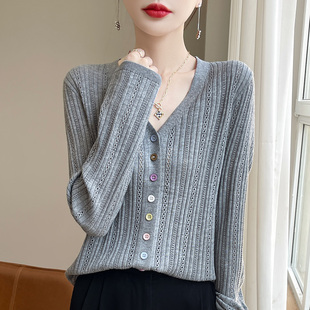 钩花镂空精纺开衫女薄款夏季高级感配外搭长袖V领女