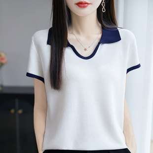 设计感小众撞色冰丝针织POLO领短袖 气质上衣 t恤女2025夏新款 时尚