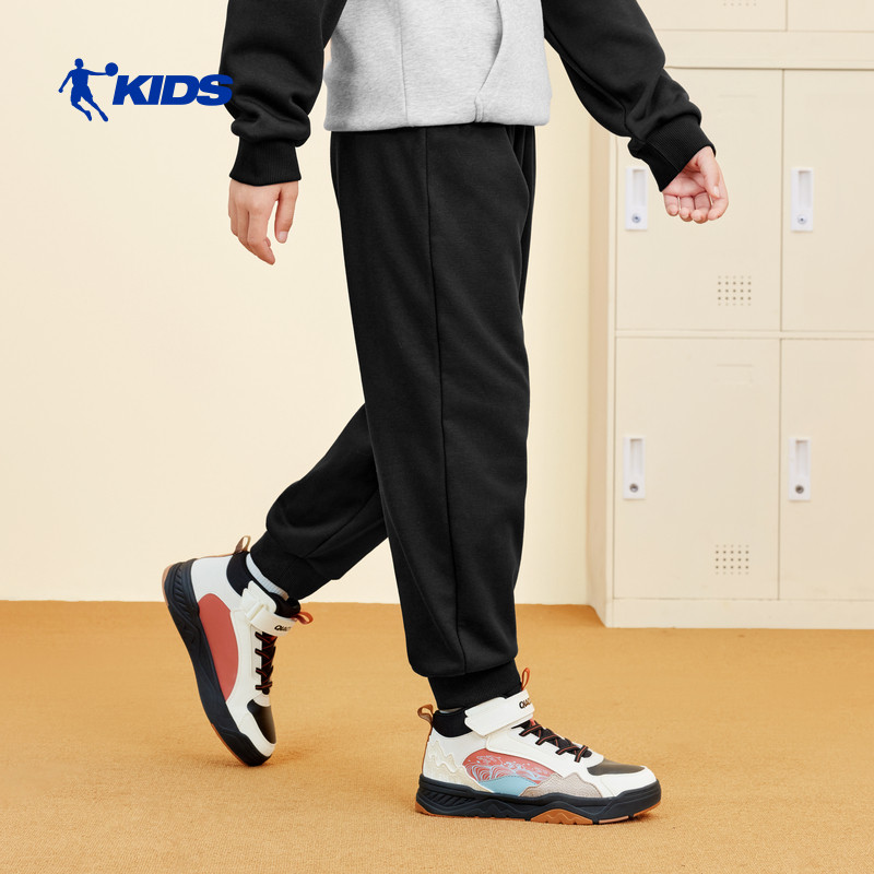 乔丹童装儿童裤子加绒2026冬季新款男女童保暖针织长裤束脚运动裤