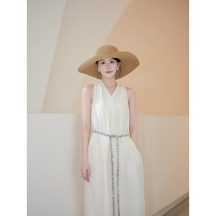 连衣裙女 2025夏季 新款 法式 极简老钱风高级感白色系带收腰显瘦无袖