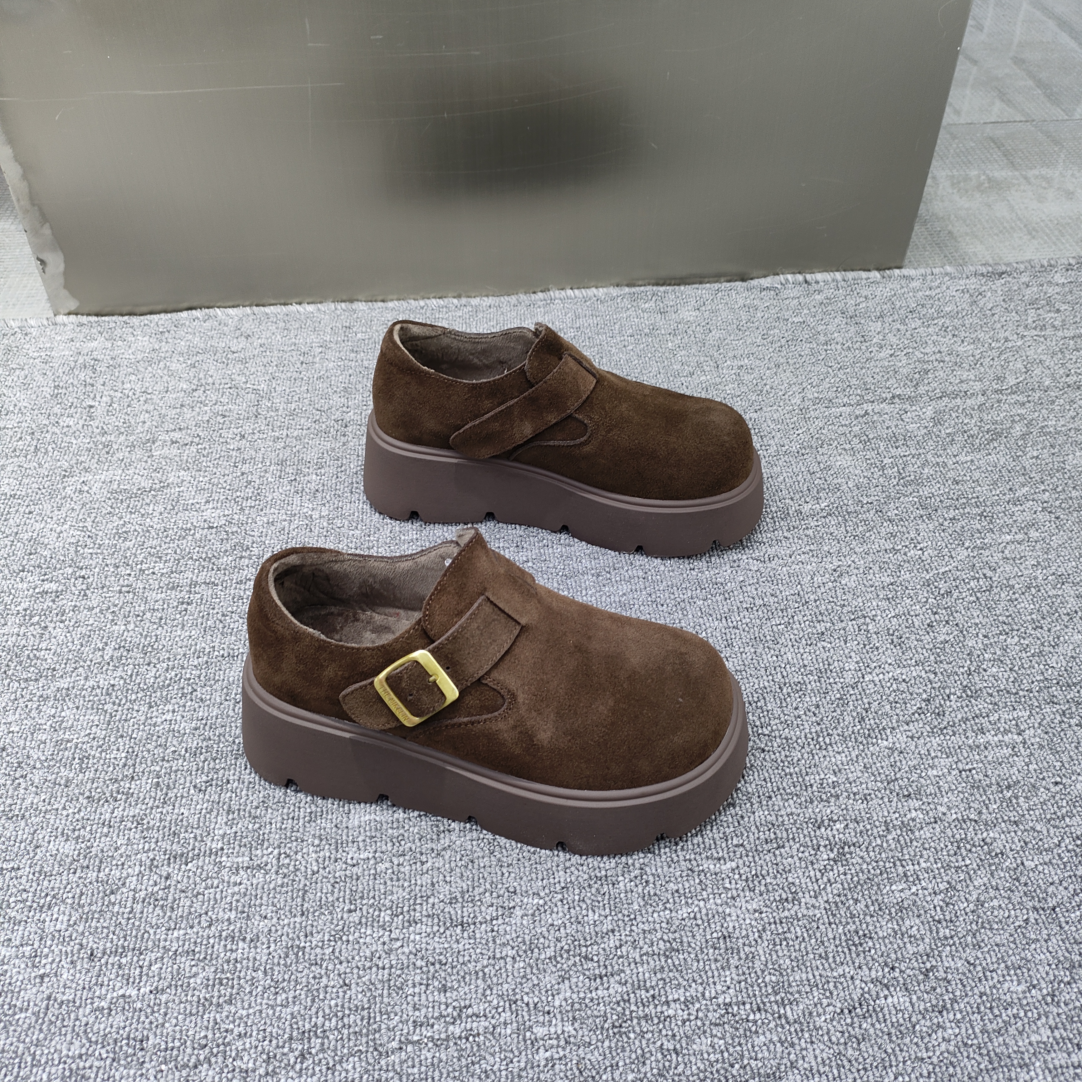 小个子6cm松糕底磨砂真皮日系勃肯鞋女2025冬季新款时尚百搭加绒