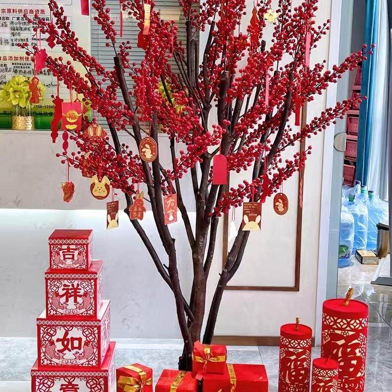 彷真红果树彷真北美冬青树许愿树红色发财树年宵花新年装饰真树