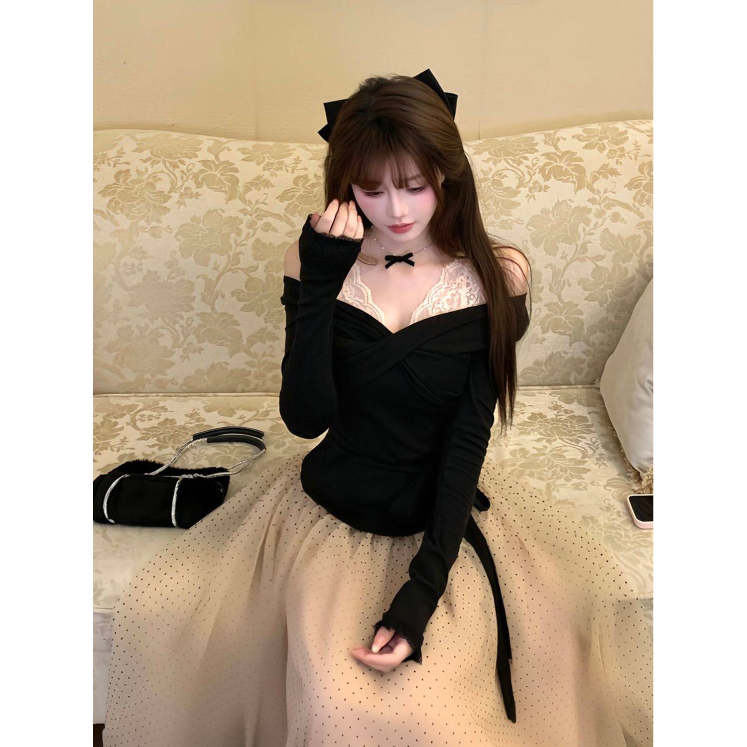 云间芭蕾 纯欲气质千金风假两件长袖+波点网纱长半裙两件套冬季女,女装/女士精品,时尚套装,淘宝优惠券,粉丝福利购,淘宝优惠卷