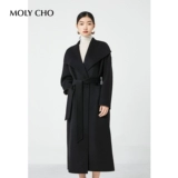 中长款呢子大衣女秋冬黑色翻领设计感气质羊毛双面呢毛呢外套女装