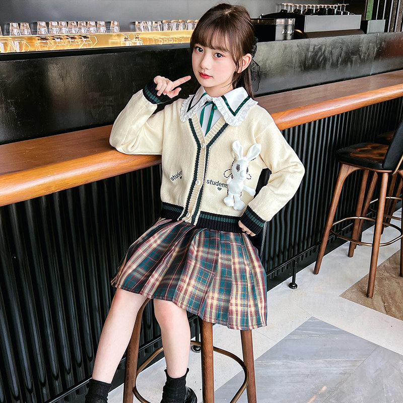 女童JK套装2024秋装新款秋冬学院风时髦百褶连衣裙毛衣两件套洋气