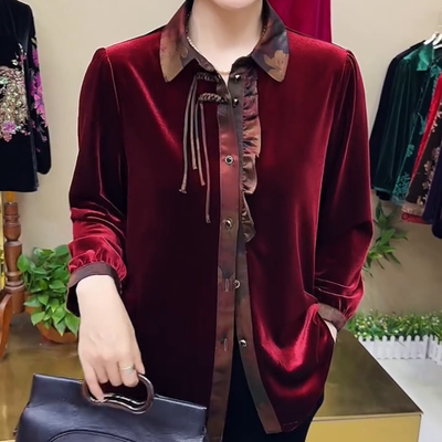 丝绒盘扣拼接翻领开衫上衣女遮肉显瘦小衫时尚气质百搭中老年女装