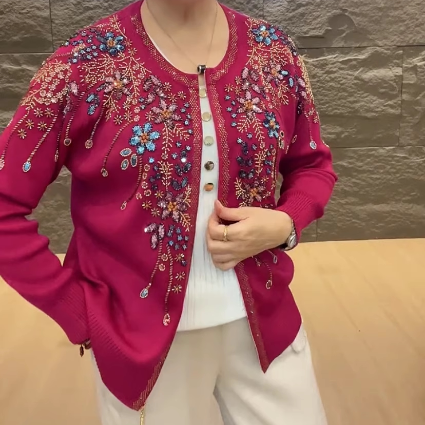新中式亮片串珠拉链针织开衫遮肉显瘦上衣时尚洋气年轻中老年女装