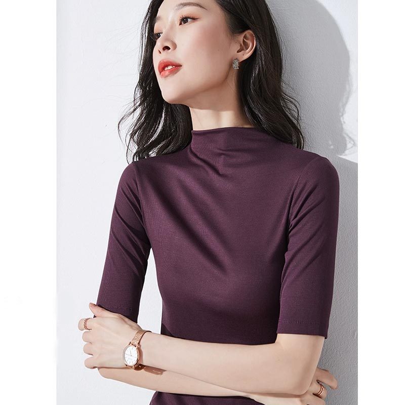 半高领打底衫女中袖春夏2025新款修身T恤五分袖时尚简约内搭上衣,女装/女士精品,毛针织衫,淘宝优惠券,粉丝福利购,淘宝优惠卷