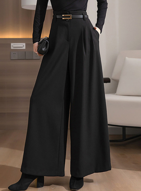 黑色阔腿裤女春秋2025新款高腰垂感遮肉显瘦毛呢气质大脚裤拖地裤