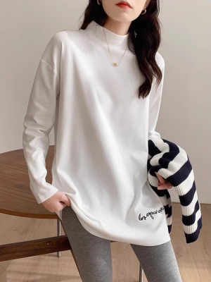 白色打底衫女春秋2025季新款半高领德绒宽松长袖T恤卫衣内搭上衣