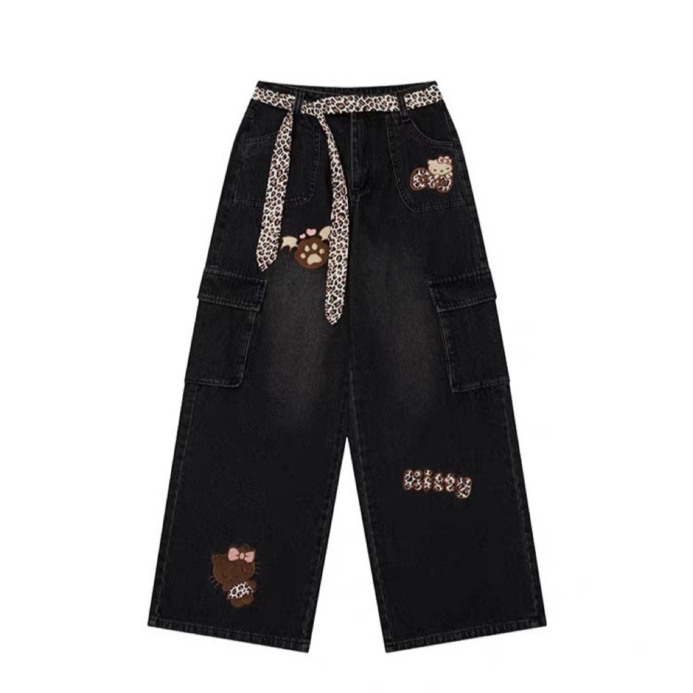 美式卡通风猫咪春秋牛仔裤男女