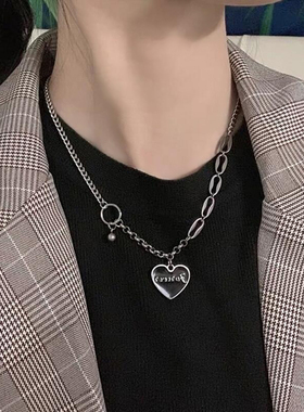 DUKATO新款黑色爱心滴油全钛钢项链日韩男女嘻哈不规则拼接锁骨链