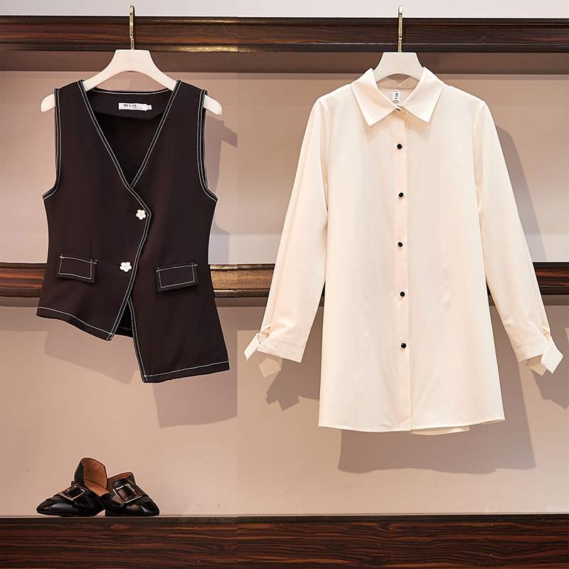 时尚妹妹早秋大码女装胖洋气套装微胖马甲中长款衬衫裙减龄两件套|ruв категории Женская одежда, женской одежды - от Buy2taobao.com для оказания профессиональной услуги покупки агента Taobao