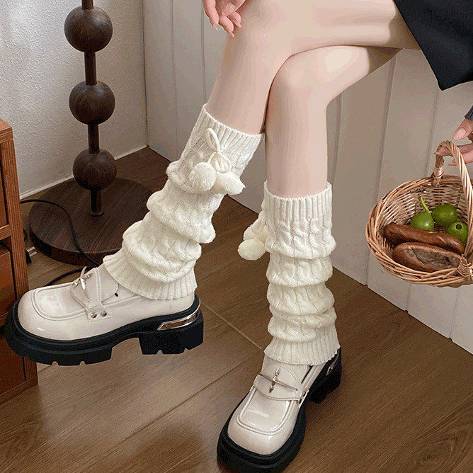 白色可爱毛球袜套女秋冬季加厚保暖麻花针织腿套甜美lolita堆堆袜