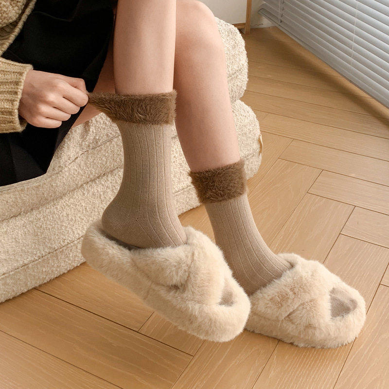 毛绒袜子拼接水貂绒袜口秋冬季加厚保暖竖条百搭中筒袜居家地板袜,女士内衣/男士内衣/家居服,中筒袜,淘宝优惠券,粉丝福利购,淘宝优惠卷