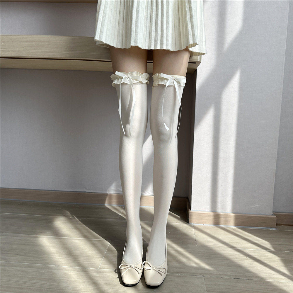 花边白丝过膝袜女蝴蝶结蕾丝袜子洛丽塔lolita芭蕾风奶白jk大腿袜,女士内衣/男士内衣/家居服,长筒袜,淘宝优惠券,粉丝福利购,淘宝优惠卷