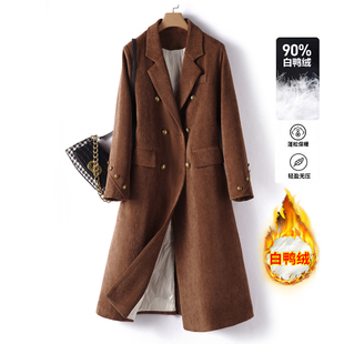 韩版 外套女士冬装 气质显瘦宽松白鸭绒大衣 过膝羽绒呢子西装 中长款