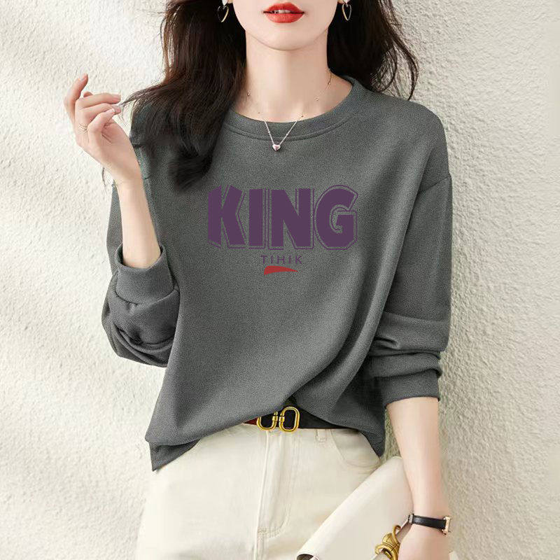 灰色圆领卫衣女秋季2025新款纯棉潮流宽松韩版慵懒风T恤洋气上衣