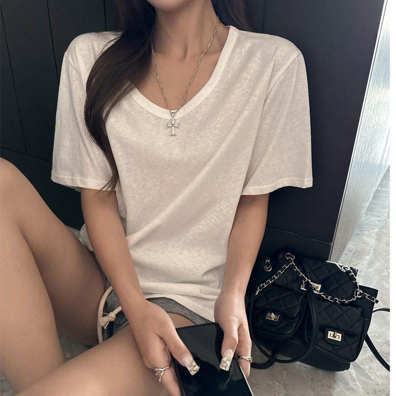 雪花棉夏季V领慵懒风简约宽松正肩短袖大t恤女式韩系休闲遮肉上衣