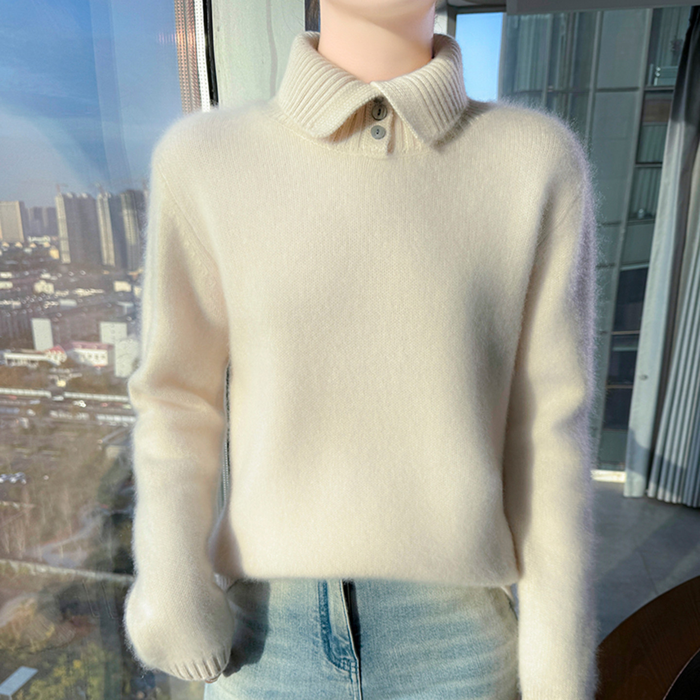 羊毛衫2025秋冬POLO领纽扣韩版修身显瘦套头保暖针织打底上衣女