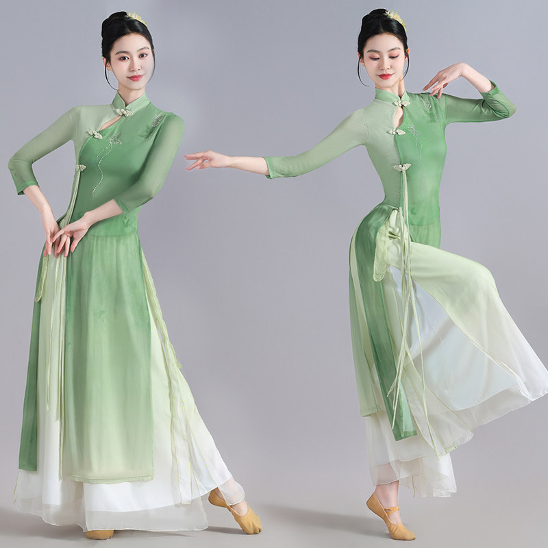 古典舞纱衣演出服女飘逸中国风弹力立领旗袍舞蹈练功服装新款套装