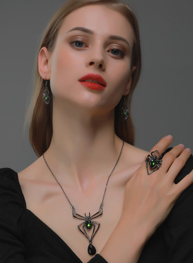 万圣节首饰 个性夸张三件套蜘蛛项链耳环戒指 复古绿宝石套装配饰