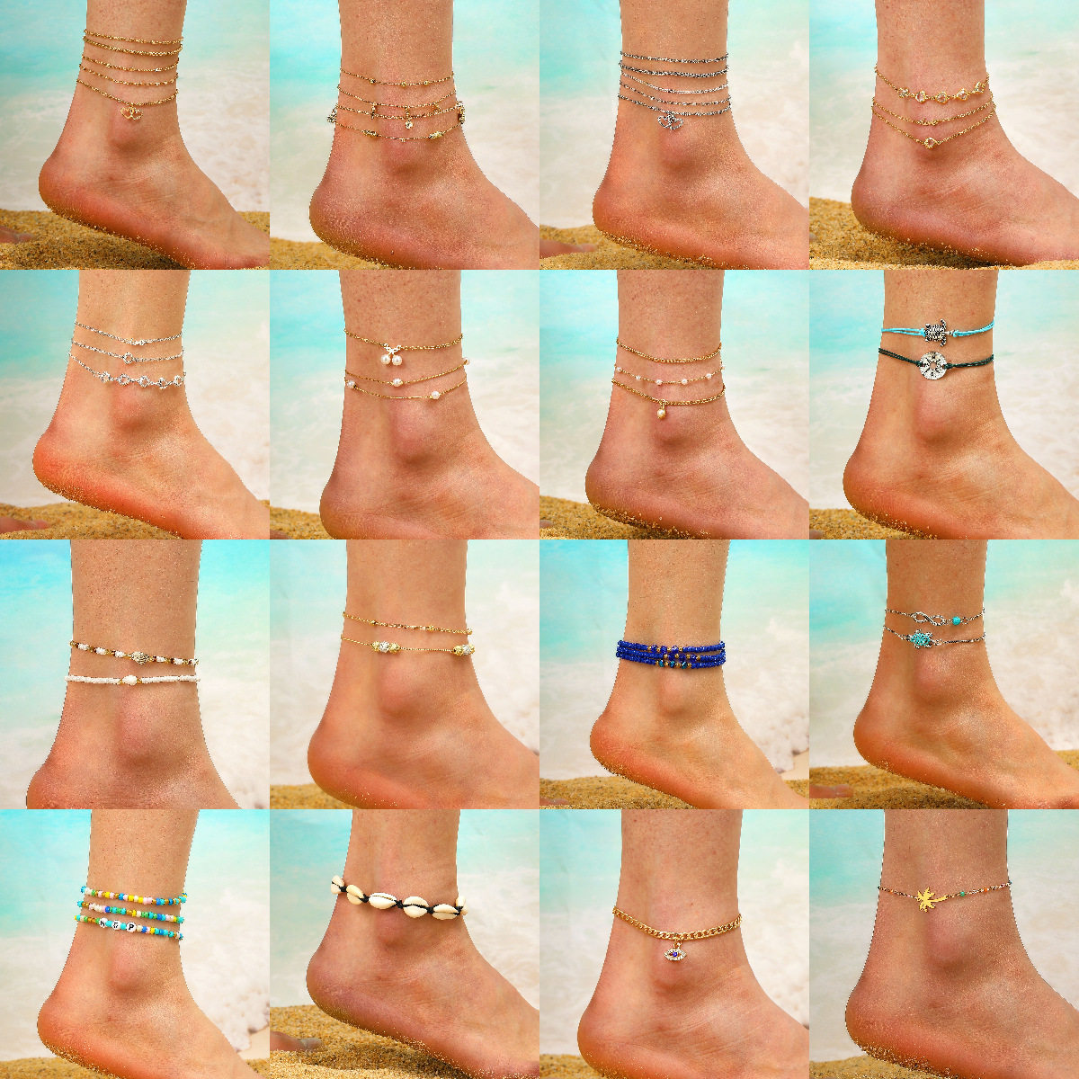 跨境饰品亚马逊热销沙滩脚链套装复古金属链条女士脚链假日脚饰女