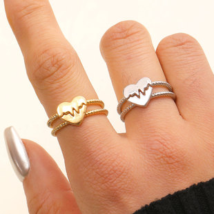 跨境时尚百搭小众情侣设计感爱心对戒女士活口戒指心电图心形指环