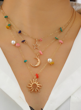 太阳星星月亮芒星彩石项链多巴胺