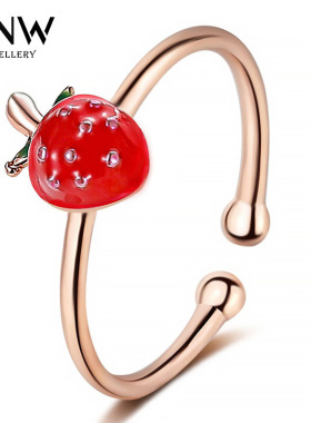 小清新元气少女草莓开口戒指 甜美森系关节戒指简约文艺学生尾戒