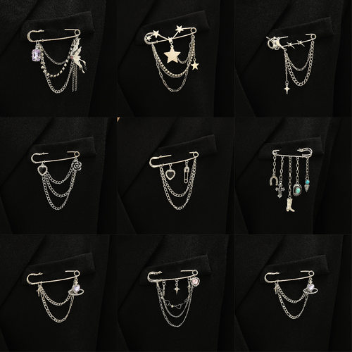 跨境饰品冷淡风回形针链条胸针男