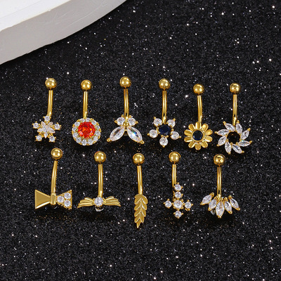 跨境新款铜镶锆石肚脐钉女个性气质蝴蝶花朵星星眉钉唇钉穿刺饰品