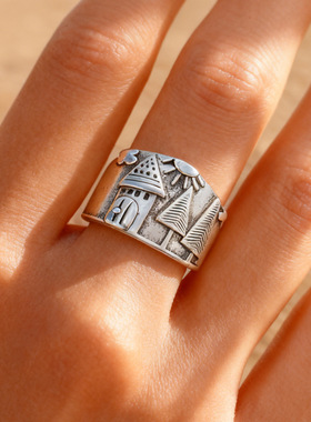 跨境民族风复古树屋浮夸戒指太阳树云朵纹理设计感做旧开口指环女