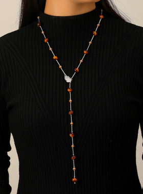 复古美拉德仿虎眼石串珠长款毛衣