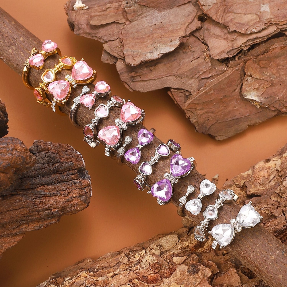 欧美网红百搭爱心蝴蝶结三件套戒指女ins风白紫粉锆石戒指套装