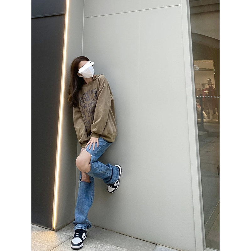 EARNED 2025新款不规则破洞宽松显高街头深蓝阔腿裤高腰牛仔裤女