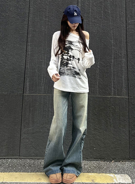 EARNED VALUE 复古怀旧低腰辣妹喇叭裤垂感宽松拖地百搭牛仔裤女