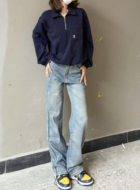 EARNED美式做旧【绿边】阔腿牛仔裤女高腰宽松直筒拖地裤