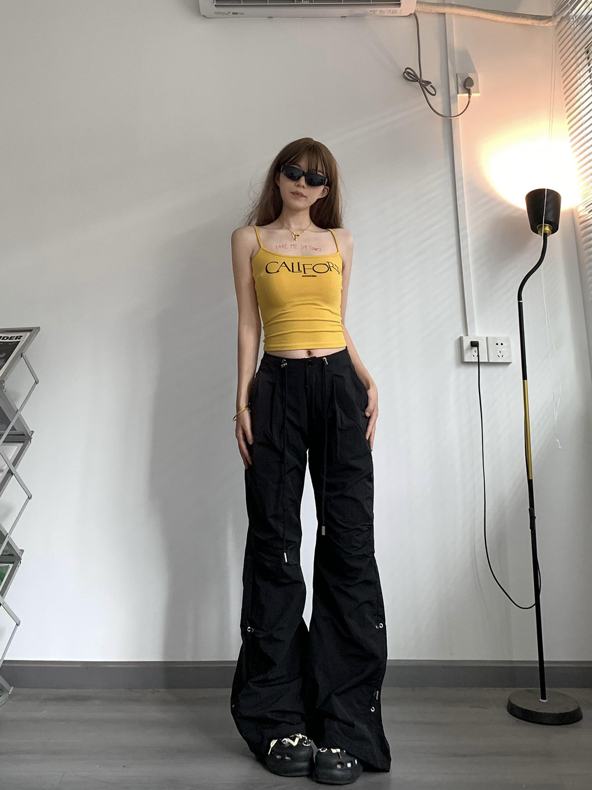 EARNED VALUE美式街头喇叭裤女阔腿宽松褶皱工装垂感百搭休闲长裤
