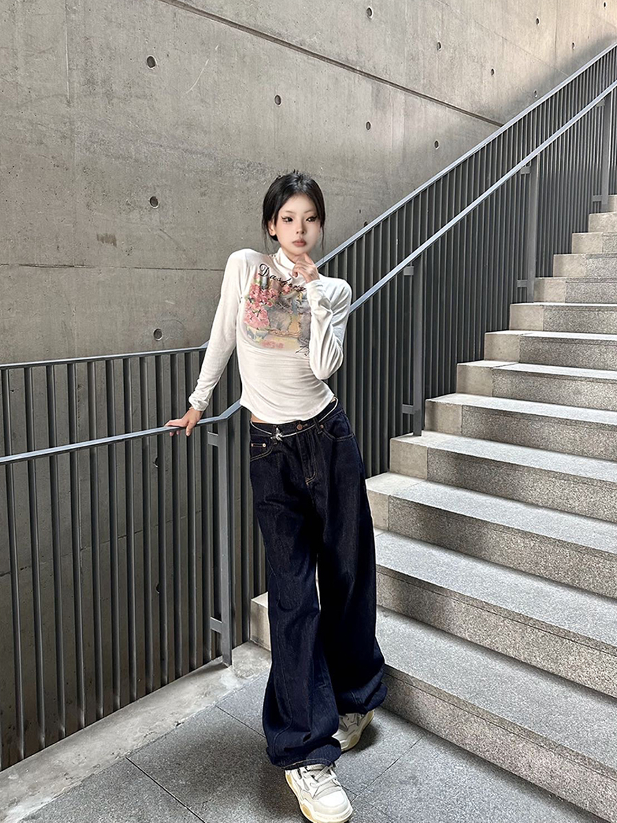 深蓝色哈伦裤牛仔裤女