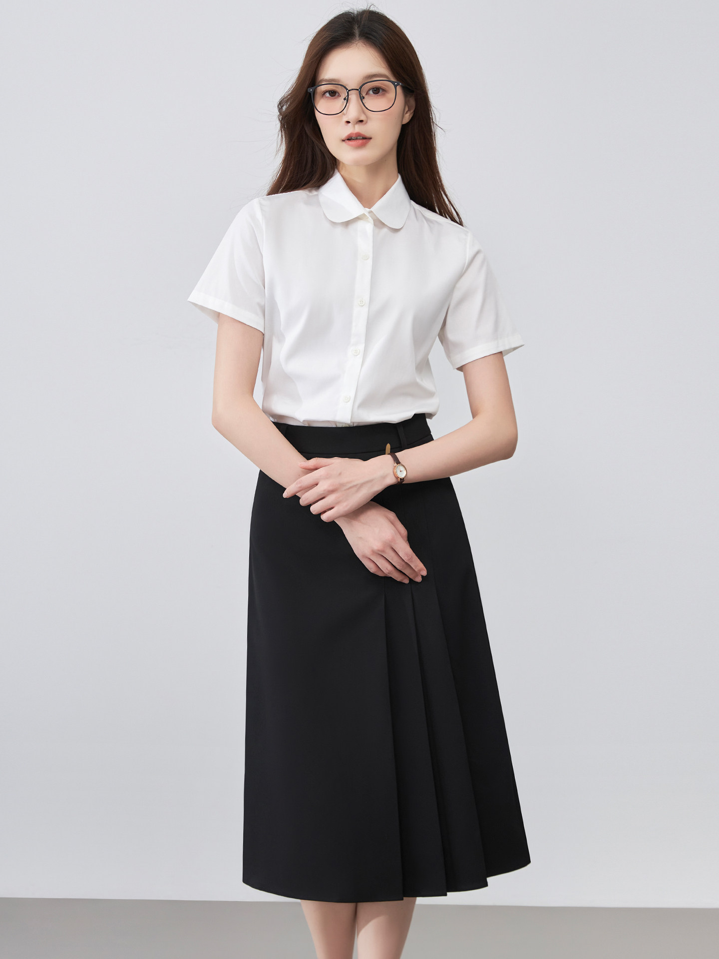 圆领白衬衫女短袖夏季职业正装套装公务员面试小个子工作服套装裙