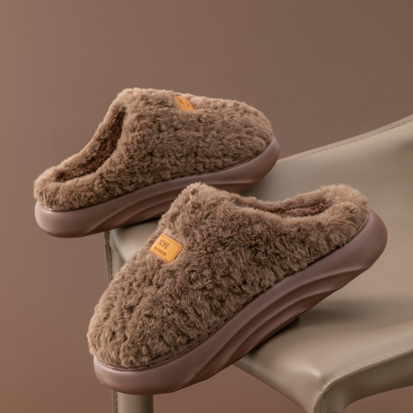 男款毛绒保暖拖鞋秋冬季居家厚底防滑软底舒适简约过冬棉拖鞋