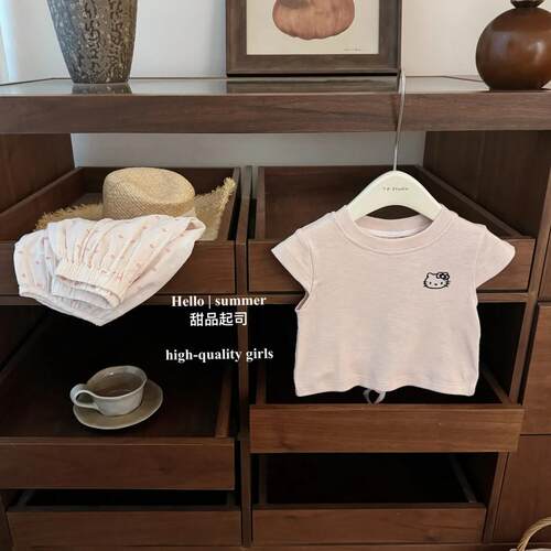 2026夏季新款女宝宝甜美可爱kt抽绳短袖小花灯笼裤套装防蚊两件套