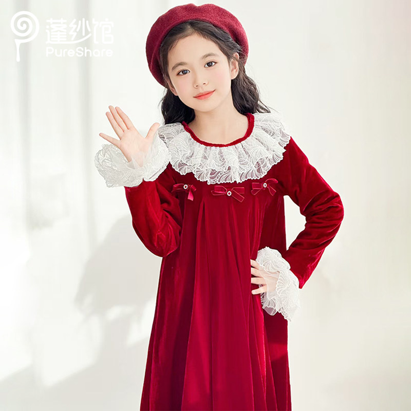 pureshare蓬纱馆 女童长袖连衣裙2025冬季红色丝绒礼服裙新年裙
