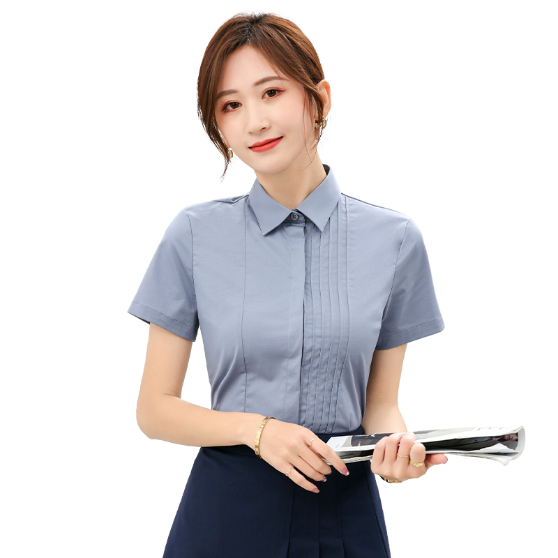 夏季工装白衬衫女短袖上衣职业正装工作服薄款收腰女士灰色寸衬衣
