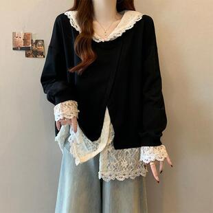 加大码 300斤假两件蕾丝拼接卫衣女春秋宽松胖mm洋气高级感上衣