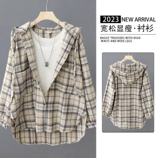 法式 加肥大码 女春秋宽松不规则上衣长袖 300斤连帽格子衬衫 衬衣