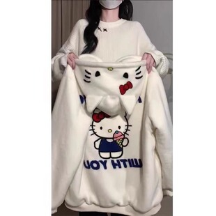 大码300斤可爱凯蒂猫羊羔毛绒卫衣女秋冬季连帽加绒加厚开衫外套