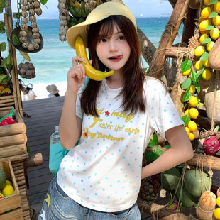 加大码美式波点字母印花短袖T恤女新款夏季胖mm百搭正肩打底上衣