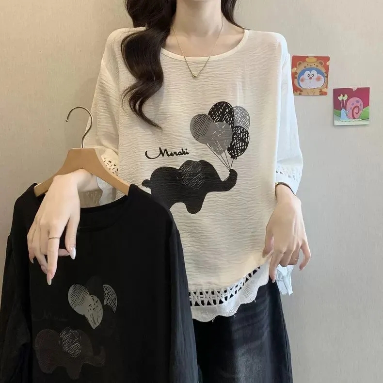 大码勾花镂空七分袖t恤女